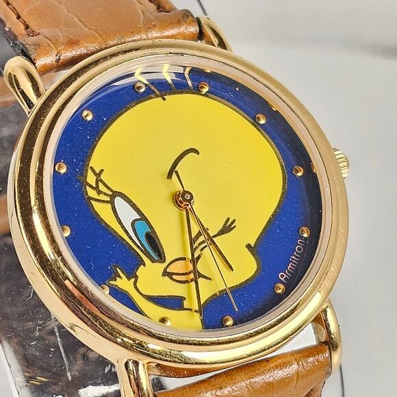 1994 Armitron Tweety Bird Watch Quartz Analog 33.9mm Face Brown Leather Strap - Picture 3 of 16